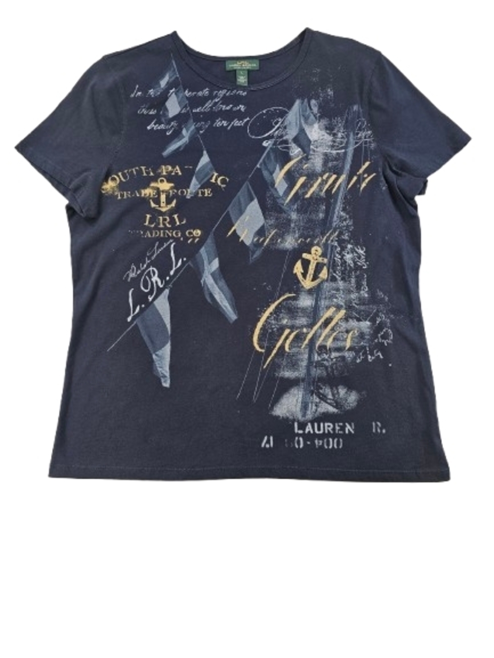 Lauren Ralph Lauren Sail Boat & Anchor All Over Print T Shirt Womens L Navy Blue
